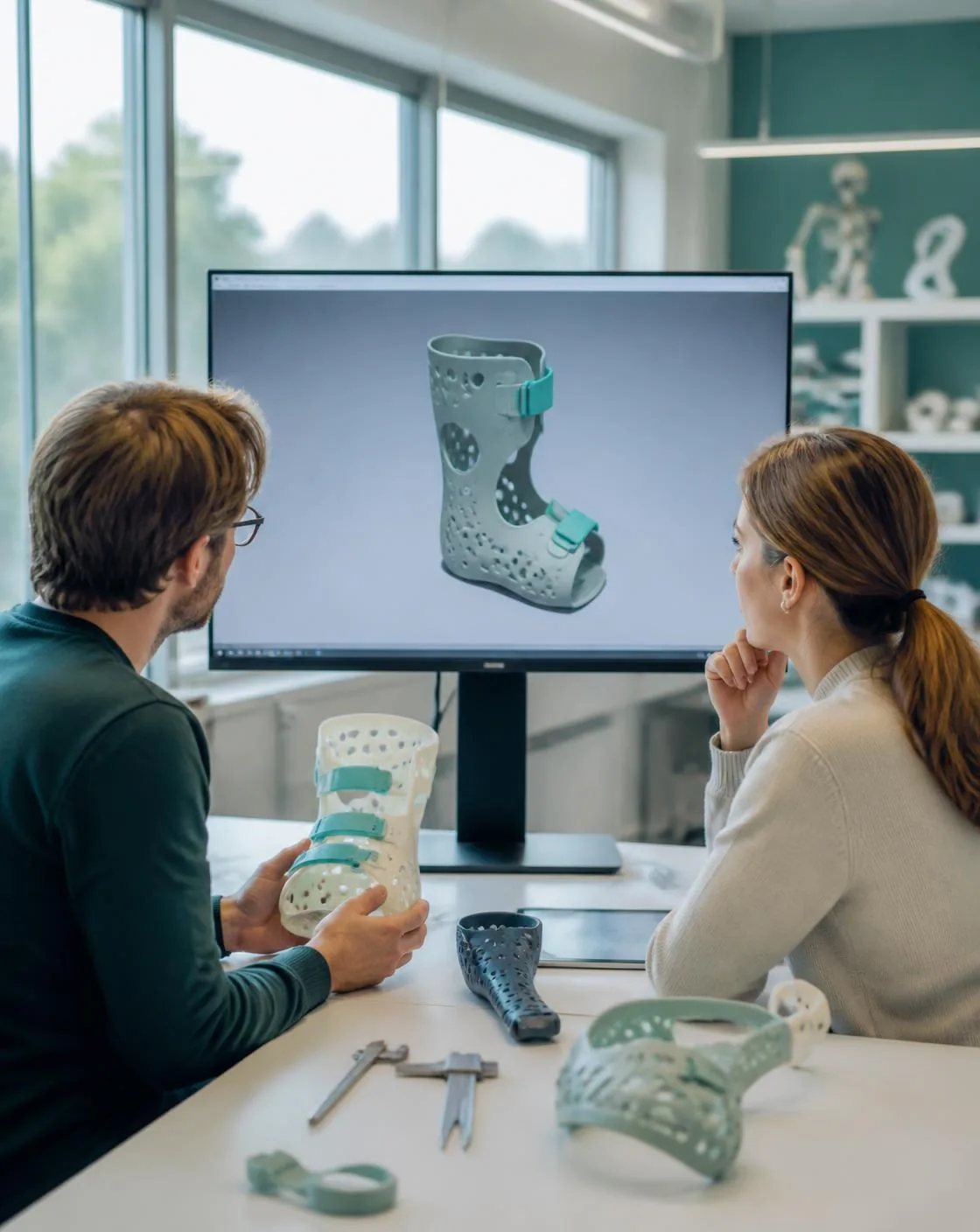 Panacea MedTech engineers reviewing a CAD model of the pediatric brace alongside printed prototypes