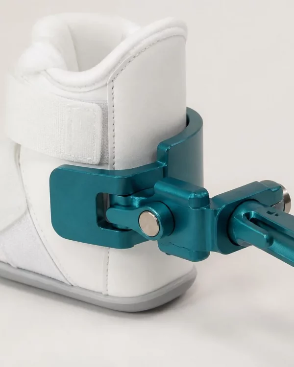 Quick connect bracket clamped onto a Ponseti boot